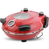 Klaif Electric Pizza Oven, With 31cm Ceramic Stone, Visible Glass Window, 4-minites Pizza Maker, 5 Temp Settings 420°C Max, 1200W, LM-Red