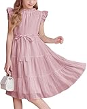 Arshiner Girls Ruffle Sleeve Summer Dress with Belt - Elegant A Line Party Chiffon Dress in Solid Color with Ruffle Neck for Children 5-13 Years