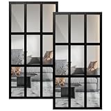 2Pcs Window Mirror, Retro Entry Wall Mirror Decal, Acrylic Rectangle Windowpane, Wood Framed Wall Decor for Living Room Entryway Dining Room Bedroom (Black Rectangular)