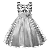 Discoball Girls Dresses Sequin Tulle Flower Princess Dress for Pageant Birthday Party Wedding Bridesmaid for 3-12 Years Silver
