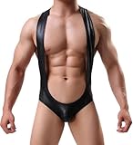 Drelaar Men's Activewear Faux Leather Leotard Bodysuit Suspender Wrestling Singlet Jockstraps One-Piece Jumpsuit Small