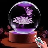 Ginsso Decorative Crystal Ball Night Light, Butterfly & Flower 3D Crystal Sphere Lamp with Remote, Multicolor, 3.15in, Wooden Base, USB Cable, Perfect for Bedroom, Kids Room, Living Room