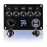 KAOLALI IP65 Waterproof 12V/24V Switch Panel, Toggle Switch Panel, Dual USB Charger Port 4.2A, Lighter Socket, Digital Voltmeter Display, Car Rocker Switches for Car Boat RV Truck Campervan(Blue)