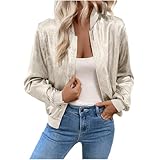 Mrat Women's Bomber Jackets Metallic Sparkly Flight Jackets Long Sleeve Zip Up Coats Ladies Lightweight Biker Jacket Glitter Club Party Festival Baseball Jacket Shiny Look Tops Wedding Dance Going Out