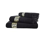 Arle-Living Luxury Medusa Guest Towels 30 x 50 cm in Pack of 4 Finest Cotton/High Pile Terry Cloth with Medusa Flat Embossing and Golden Medusa Border (Black/Black, Pack of 4 Guest Towels 30 x 50 cm)