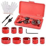 Hole Saw Kit, 11Pcs holesaw set 19-64mm Hole Cutter Perfect for Drilling Soft Metal, Wood, PVC, Plastic, Holesaws Carbon Steel Downlights Drill Bit Tools with A Pair of Gloves, Storage Box