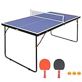 REXOUS Midsize Folding Ping Pong Table Game Set, Portable Indoor Outdoor Table Tennis Table with 2 Paddles, 3 Balls and Net