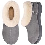 EverFoams Ladies' Micro Suede Memory Foam Slippers with Fluffy Faux Fur Collar and Indoor Outdoor Rubber Sole Grey, Size 5-6 UK