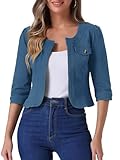 Allegra K Denim Jacket for Women's Collarless 2025 Cardigan 3/4 Sleeve Crop Jean Jackets Peacock Blue XL