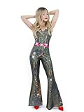 Muztagata Disco Outfit 70s 80s Prom Sparkle Flare Jumpsuit Party Costume Halloween Cosplay For Adult Women-Medium