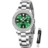 OLEVS Ladies Watch Diamond Dress Quartz Analog Female Watches Stainless Steel Two Tone Waterproof Luminous Day Date for Womens Wrist Watch Gift, silver green watch, women watch