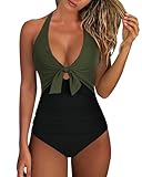 RXRXCOCO Push up Swimming Costume Women Halter Neck One Piece Swimsuit Low Leg Tummy Control Swimwear Emerald Black