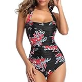 DAVBNM Women One Piece Swimsuit Tummy Control Swimwear, Square Halter Neck Swimming Costume, Adjustable Straps Bathing Suit, Ladies Ruched Monokini Black