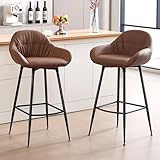 BERYTH Bar Stools Set of 2, PU Leather bar stool breakfast Mid Century Barstools with Back Pub Chair with Feetpads Stools for Home Counter,Kitchen Dining Cafe Brown