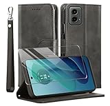 for Moto G Play 4G 2024 Case and Tempered Glass Screen Protector, PU Leather Flip Cover Wallet Phone Case Protector [Full Protection] [Card Slots] [Kickstand] for Moto G Play Gen 3, Black