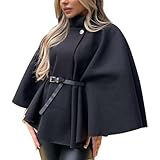 Crazy Fashion Women’s Belted Cape Plain Poncho For Ladies Oversized Shawl Wrap Fashionable Elegant Scarf Coat Sweater Open Front Warm Winter Women Cardigans (Black, UK 8-16)