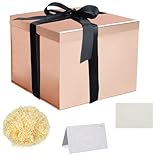 Rose Gold Gift Box with Lids 23x23x18cm Deep Gift Box with Ribbon Shredded Tissue Paper Greeting Cards for Christmas Birthday Wedding Anniversary