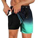flintronic Men's Swim Trunks, Mens Swim Shorts with Compression Liner, 2-in-1 Board Shorts with Pockets, Quick Dry Surfing Boardshorts-Gradient/XL