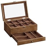 SONGMICS Watch Box with 8 Slots, 2-Tier Wood Watch Case with Large Glass Lid, Watch Pillows, Velvet Lining, Jewellery Box, Gift for Loved Ones, Rustic Walnut JOW008K01