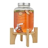 Hiziwimi 4L Glass Beverage Dispenser with Tap, Glass Drink Dispenser with Bamboo Stand, Cover Wide Mouth Iced Drink Jar with Tap Iron Holder, for Juice Water Homemade Tea Drinks