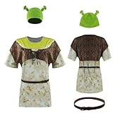 AYYOHON Green Ogre Costume Leather Vest Ears Hat Set Sublimated Halloween T Shirt Knitted Ears Beanie Adult Cosplay Outfits XL