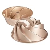 Erreke Cake Tin, Fluted Cake Tin, Ring Cake Mould, Cook Evenly, Double Non Stick Layer, Highly Durable Cast Aluminium, Rose Gold, 24cm Diameter, 1.8 Liter Capacity, Spiral