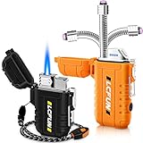 2 Pack Waterproof Lighters, Windproof Torch Lighter Butane Refillable, Electric Dual Arc Plasma Lighter with Flashlight and Whistle, Tactical Survival Gear Gadgets for Men - Black & Orange