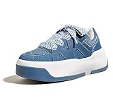 LUCKY STEP Women’s Platform Fashion Sneakers Lace up Casual Faux Leather Comfortable Thick Sole Tennis Walking Shoes (Denim Blue, 9US-40EU-7UK)
