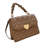 YIGEBAG Women's Handbags Pleated Heart Hasp Swivel Bag Casual Simple PU Leather Soft Thread Quilted Female Small Tote Bag, khaki, 厘米