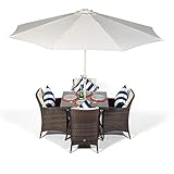 Savannah Rattan Dining Set | Square 4 Seater Brown Rattan Dining Set | Outdoor Poly Rattan Garden Table & Chairs Set | Patio Conservatory Wicker Garden Dining Furniture with Parasol & Cover