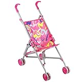 BiBi Doll Pink Hearts Dolls Stroller – Foldable Buggy with Safety Belt – Portable Pushchair for Baby Dolls up to 20” – Role Play Toys for Boys & Girls Aged 3 Years and Above