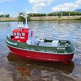 Mini RC Boat, 1:72 Scale RC Tugboat with 2.4 GHz Remote, 2 Rechargeable Batteries & LED Lights for Pools Lakes, RTR RC Boats for Adults Summer Gifts Toys (Green)