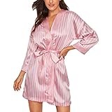 Womens Dressing Gown Satin Kimono Robe Ladies Silk Stripe Bathrobe Oblique V-Neck Short Robes for Bride Bridesmaids,Wedding Party Loungewear Plus Size Sleepwear Nightwear Pajamas Short S-XXL