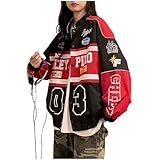 Varsity Jacket for Women Patchwork Long Sleeve Racing Bomber Letterman Jackets Color Block Y2k Vintage Streetwear, Red, L