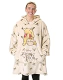 Disney Winnie The Pooh Womens Wearable Blanket Hoodie | Adults Beige Hooded Pullover with Teddy Bear Character and Bumble Bee All Over Print | Ladies One Size Sherpa Lined Loungewear with Pockets