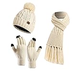 Visioelo Womens Bobble Hat Scarf and Gloves Set Fleece Lined Beanie Touch-screen Gloves Scarf with Tassel set of three (Beige)