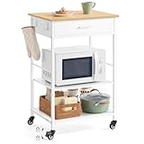 VASAGLE Mobile Kitchen Island on Wheels, Rolling Kitchen Storage Trolley, 45 x 60 x 90 cm, Drawer, 2 Hooks, for Dining Room, Oak Beige and Matte White KKI007Y01