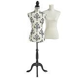 BTFY Mannequin Female - Dressmakers Tailors Dummy w/ 2 Removable Covers - UK Size 8/10 Decorative Dress Form Body w/ Adjustable Height - Seamstress Model for Shop Display - Plain White & Black Damask