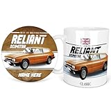 KRAFTYGIFTS Personalised Reliant Scimitar GTE Mug & Coaster Round Classic Car Coffee Tea Cup & Drink Mat Retro Garage Dad Grandad Mechanic Birthday Gift for Him CLC44