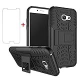 Phone Case for Samsung Galaxy A5 2017 with Tempered Glass Screen Protector and Stand Kickstand Hard Rugged Hybrid Accessories Heavy Duty Shockproof A52017 A520F Samsunga5 5A 5 galaxya5 A5case Black