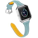 Gimartuk Genuine Leather Watch Band Floral Wrist Strap Bracelet for Fitbit Blaze with Metal Steel Frame (Blue),Small/Large