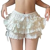 Women Lolita Bloomers Ruffle Layer Steampunk Maid Pumpkin Pants Kawaii Bottom Shorts Victorian Pantaloons Underskirt(C-White,S)