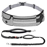 Pecute Hands-Free Dog Running Leads, Adjustable Dog Walking Belt with Pockets & Poo Bag Holder, Durable 2 Handles & Reflective Jogging Bungee Lead for Small to Medium Dogs, Grey-M