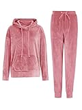 REORIA Womens Long Sleeve Hoodie Jogger Crewneck Two Piece Outfit Tracksuit Solid Color Sweatshirt and Sweatpants Set Pink M