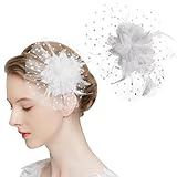 MWOOT Feather Flower Hair Clip, White Floral Veil Fascinator Clip for Women, Vintage Mesh Flower Feathered Hairpin, 1920s Feather Hair Accessories for Wedding Cocktail Prom Masquerade Tea Party