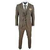Mens 3 Piece Suit Tweed Check Vintage Retro Tailored Fit 1920s Brown