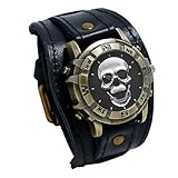 JewelryWe Men's Black Leather Watch: Vintage Sport Casual Analog Quartz Halloween Punk Biker Skull Decorative Face Wide Strap Watch