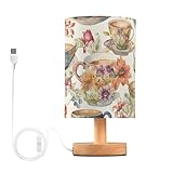 Mnsruu Bedside Table Lamp Sunflower Vintage Flower Tea Cup Bedside Lamps LED Light Desk Lamp Fabric Shade Small Lamp for Bedroom Living Room (Bulb Included)