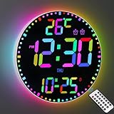Dhnvcud Digital Wall Clock 12", Digital Clock Large Wall Clock Led, Clock Wall with 12 RGB Colors & Remote Control, 2025 LED Large Display Timer with Temperature Date Week Adjustable Brightness
