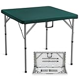 VEVOR Fold-in-Half 4 Player Card Table with Wear-Resistant Green Tabletop, Portable Bi-Folding Square Domino Table with Carrying Handle for Outdoor Camping Picnic Party, 34 x 34-inch